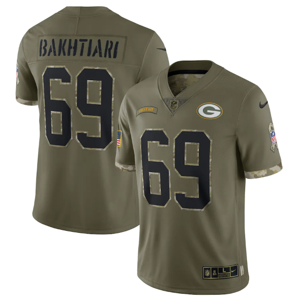 Men's Green Bay Packers #69 David Bakhtiari Olive 2022 Salute To Service Limited Stitched Jersey Men's Green Bay Packers #69 David Bakhtiari Olive 2022 Salute To Service Limited Stitched Jersey